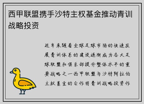 西甲联盟携手沙特主权基金推动青训战略投资 西甲联盟携手沙特主权基金推动青训战略投资